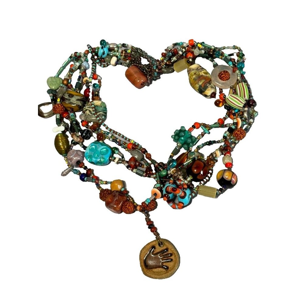 Vintage Multistrand Lampwork Veneitan Murano Beaded Necklace w/Hamsa Talisman - Picture 6 of 11